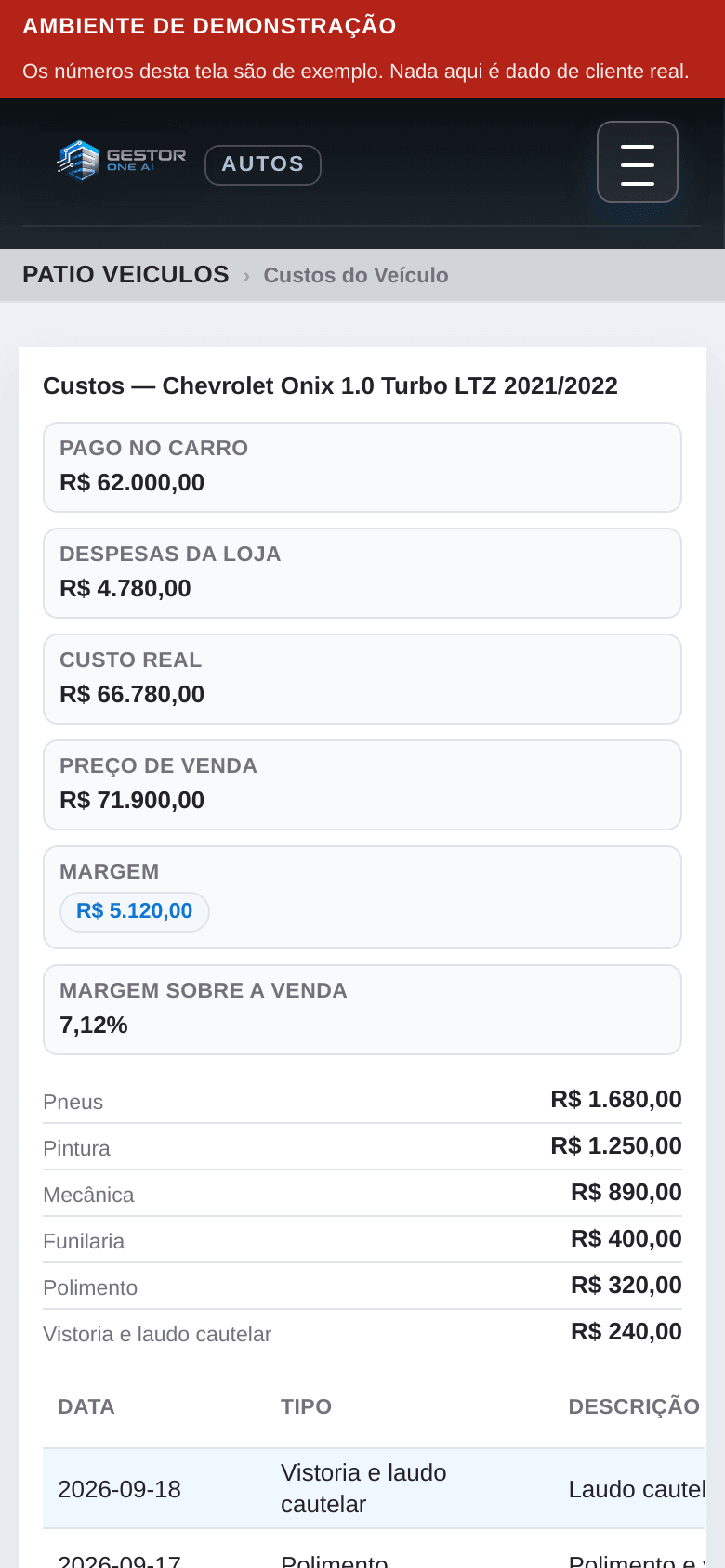GestorOne Autos — O pátio, no celular